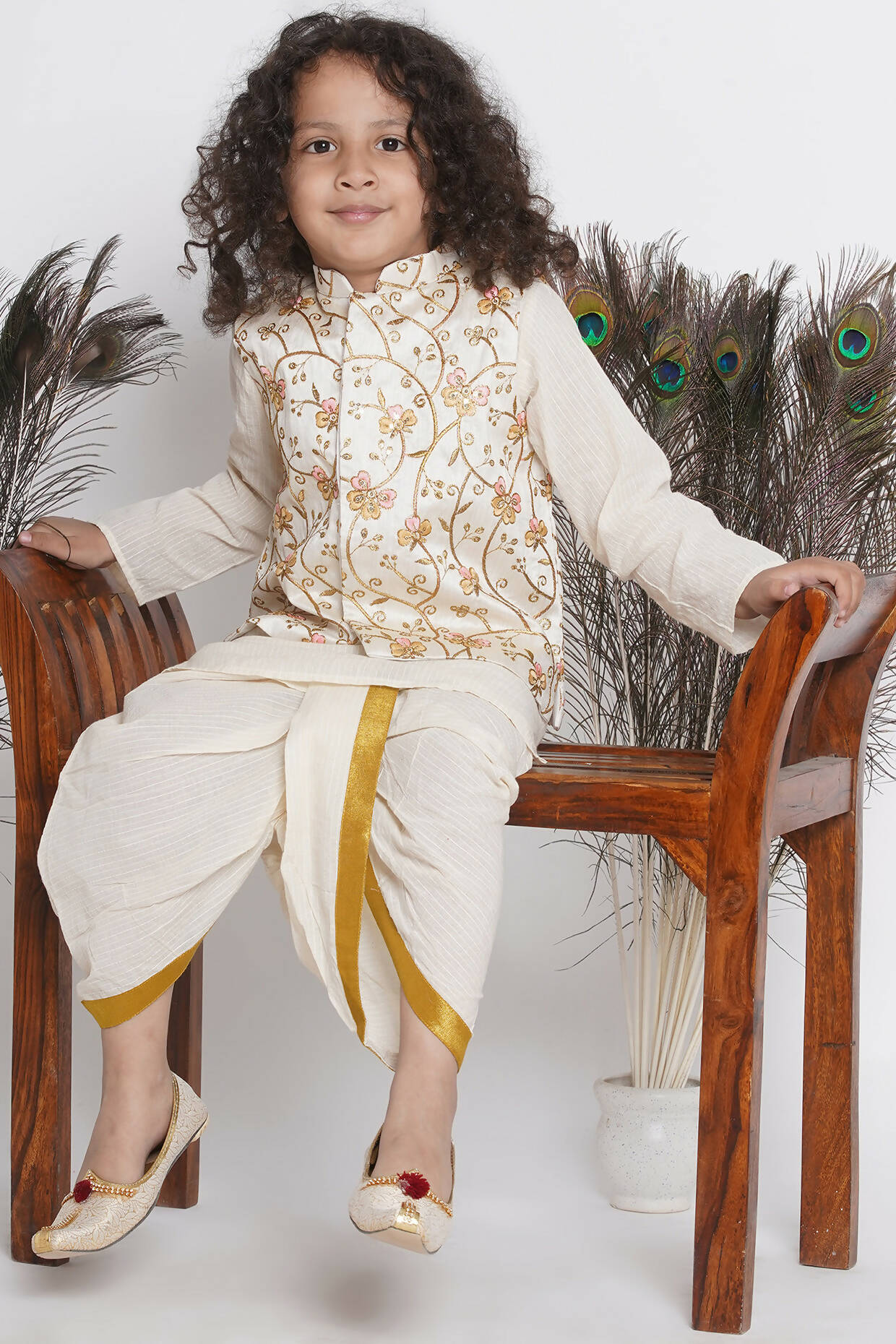 Little Bansi Banarsi Silk Orange Pink Floral Embroidery Jacket With Cotton Kantha kurta And Kantha Dhoti - Cream | Grocsy