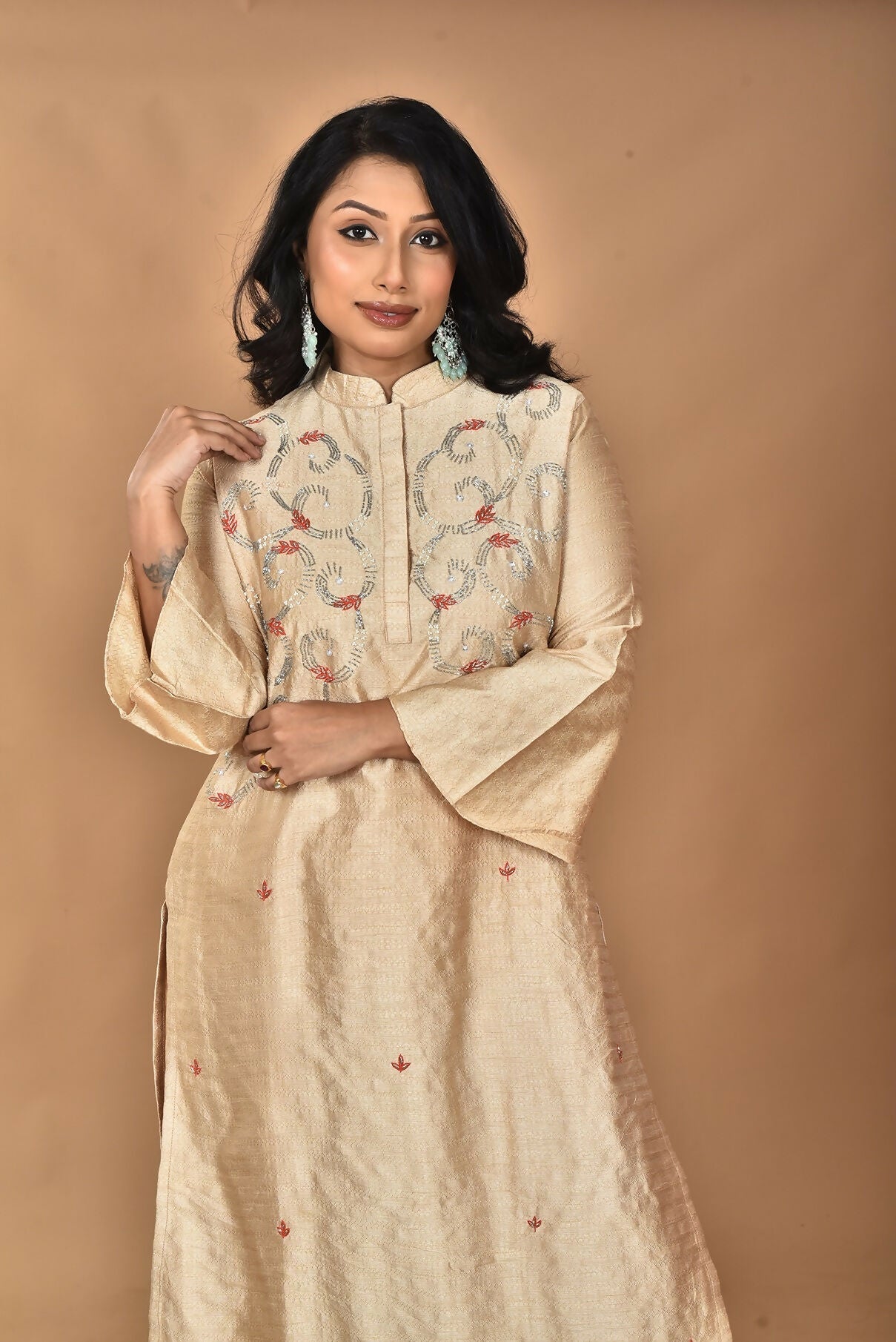 Morchari Women And Hand Embroidery Co-Ord Set-Beige | Grocsy