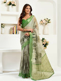 Joban Fashion Green Floral & Ethnic Motifs Linen Ready To Wear Saree With Unstitched Blouse | Grocsy