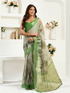 Joban Fashion Green Floral & Ethnic Motifs Linen Ready To Wear Saree With Unstitched Blouse | Grocsy