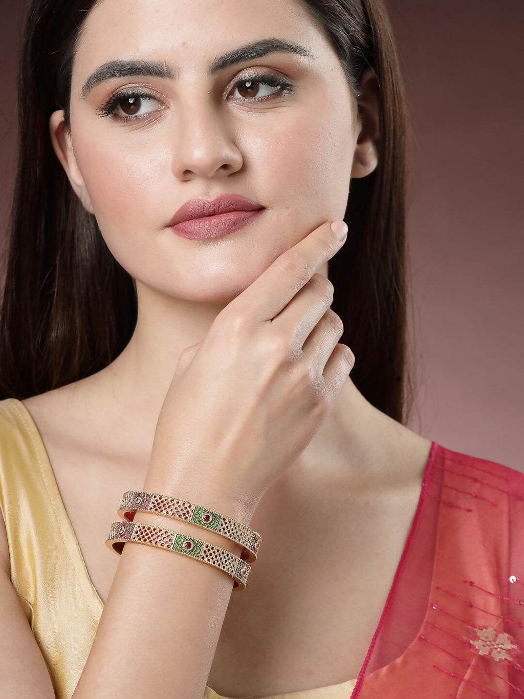 NVR Women's Set Of 2 Gold-Polished Red Kundan Traditional Bangles | Grocsy