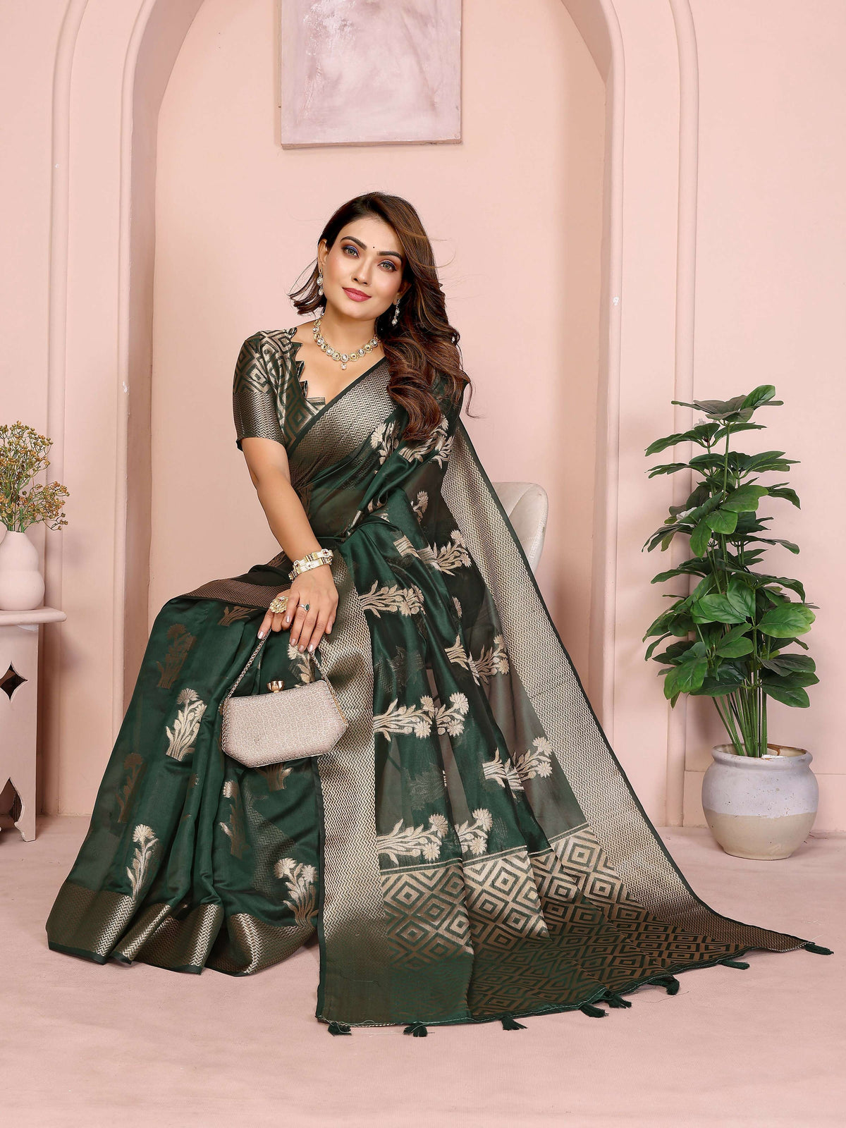 Aastha Fashion Dark Green Soft Organza Silk Weaving Saree | Grocsy