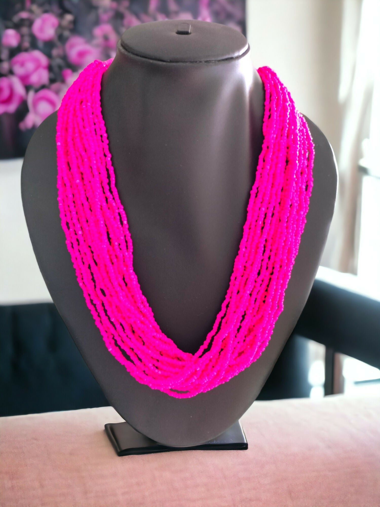 Inhanns Handmade Beaded Multilayer Necklace, 20 Layers - Hot Pink | Grocsy