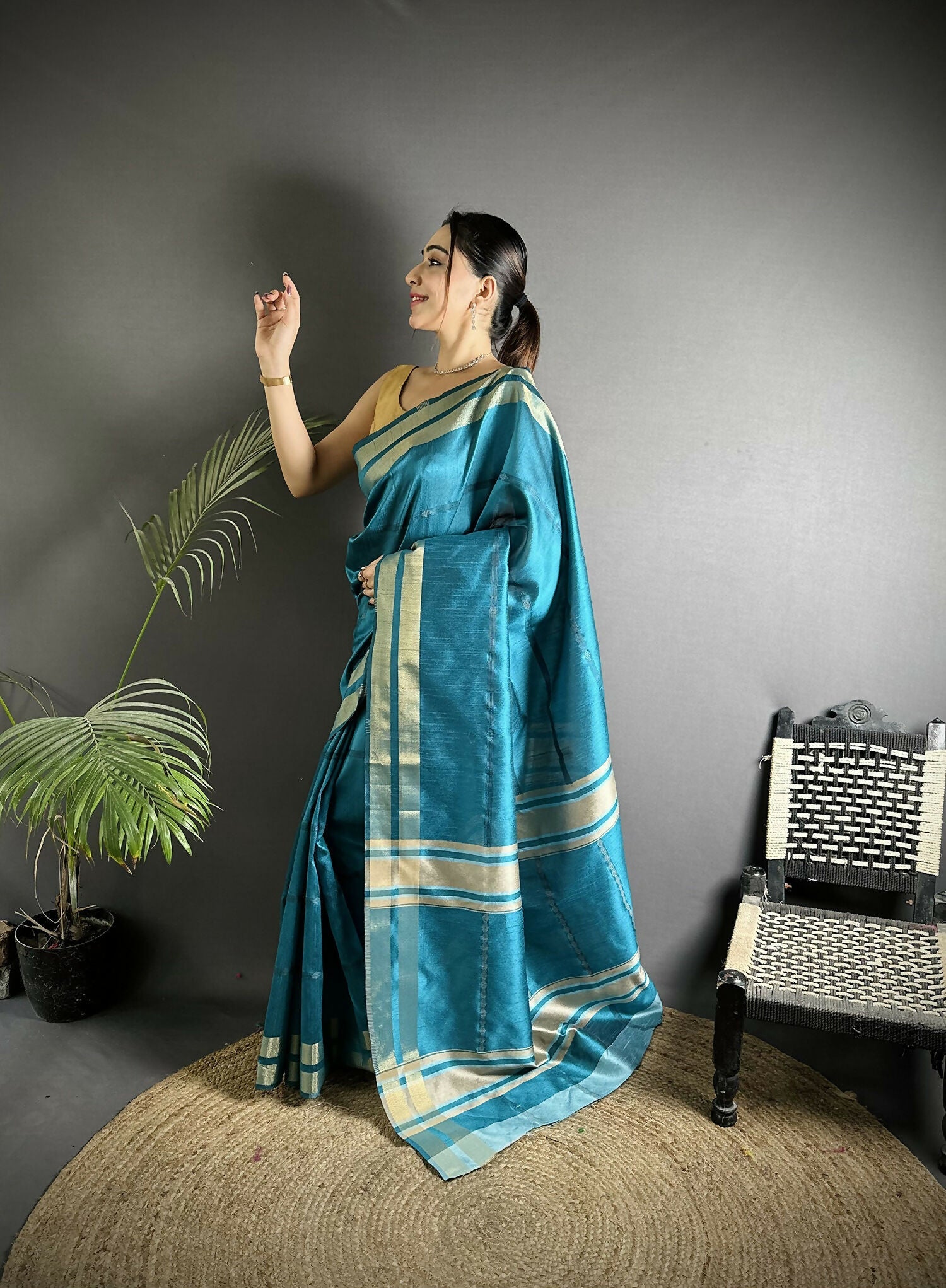 Joban Fashion Turquoise Woven Pattern Raw Silk Kanjivaram Silk Saree | Grocsy