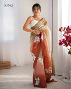 Choco and Orange Crunchy Crush Pedding Color Embroidery Work Party Wear Saree - Zuleika | Grocsy