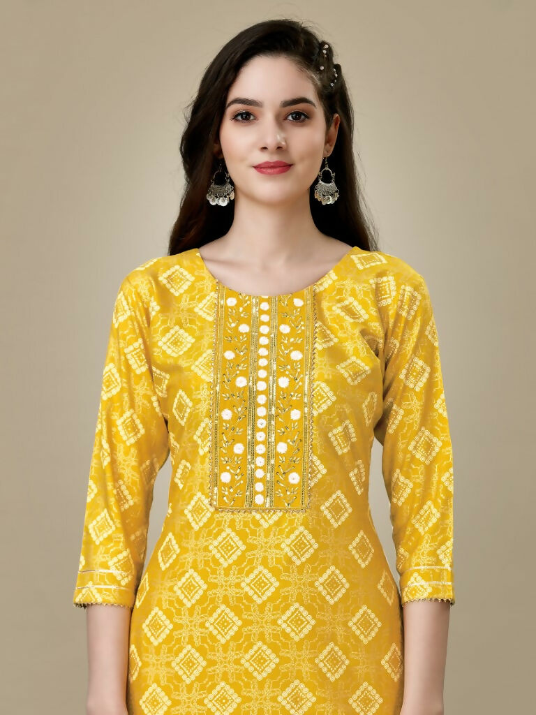 Jyoti Fashion Women's Yellow Rayon Embroidered Kurta Pant Set | Grocsy
