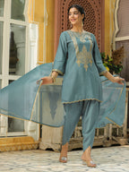 Janasya Light Blue Silk Blend Solid Kurta,Bottom & Dupatta | Grocsy