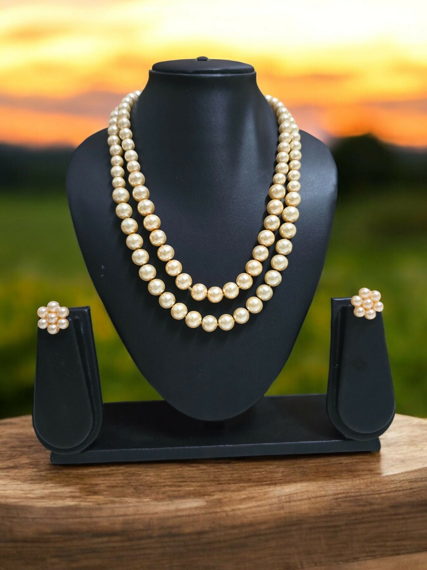 Inhanns Everyday Workwear Pearl Set (Double Layered Pearls) - Beige | Grocsy