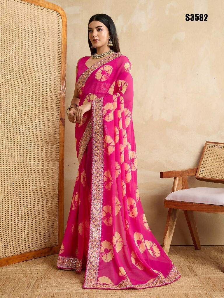 Pink Georgette Printed Designer, Embroidery Work Lace Border Saree - Aarvi | Grocsy