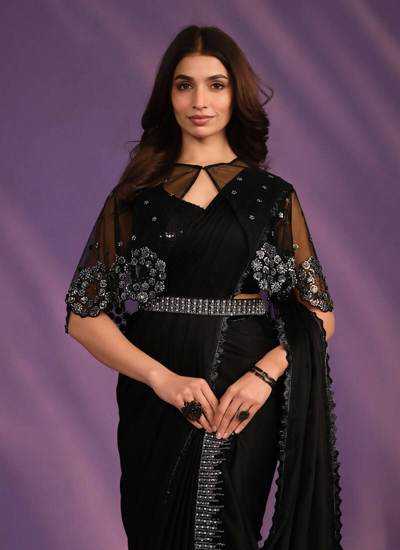 Black Crepe Satin Silk Embroidered Saree With Stitched Blouse - Mohmanthan Exotica | Grocsy