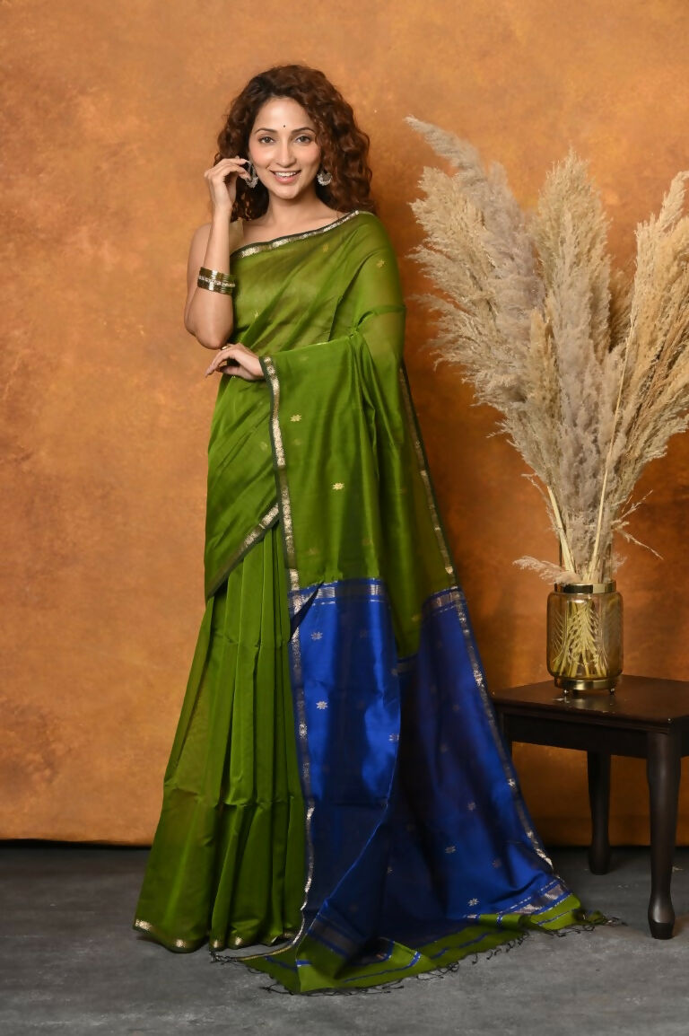 Very Much Indian Handloom Pure Cotton Silk Saree With Sleek Golden Border - Green | Grocsy