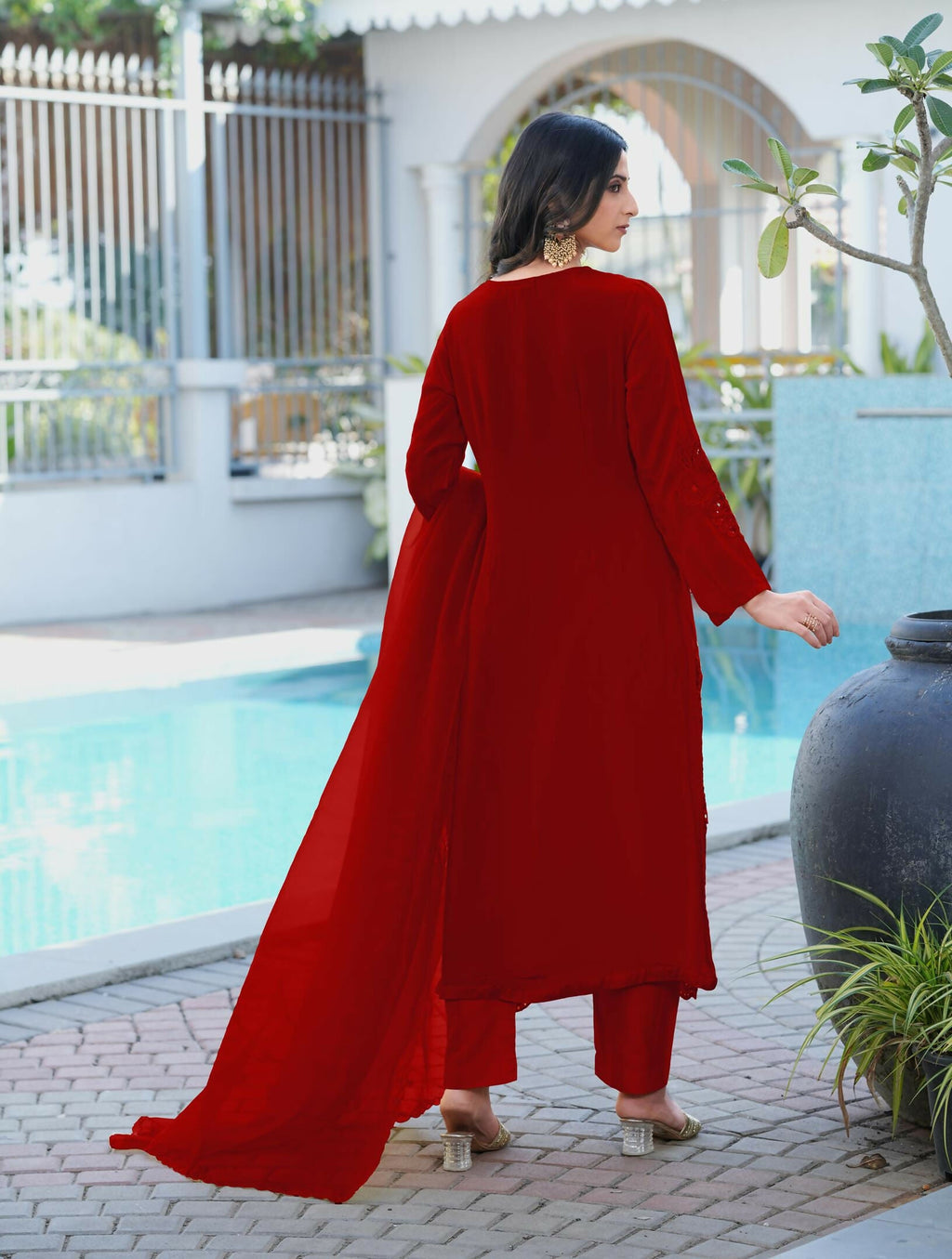 Nikhaar Maroon Embroidered Art Silk Stitched Straight Cut Kurta Pants Dupatta Readymade Suit | Grocsy