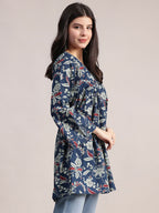 Aavyora Women's Navy Blue Cotton Tunic with Red and White Floral Print, Pin-Tuck Detailing, and Flared Sleeves | Grocsy