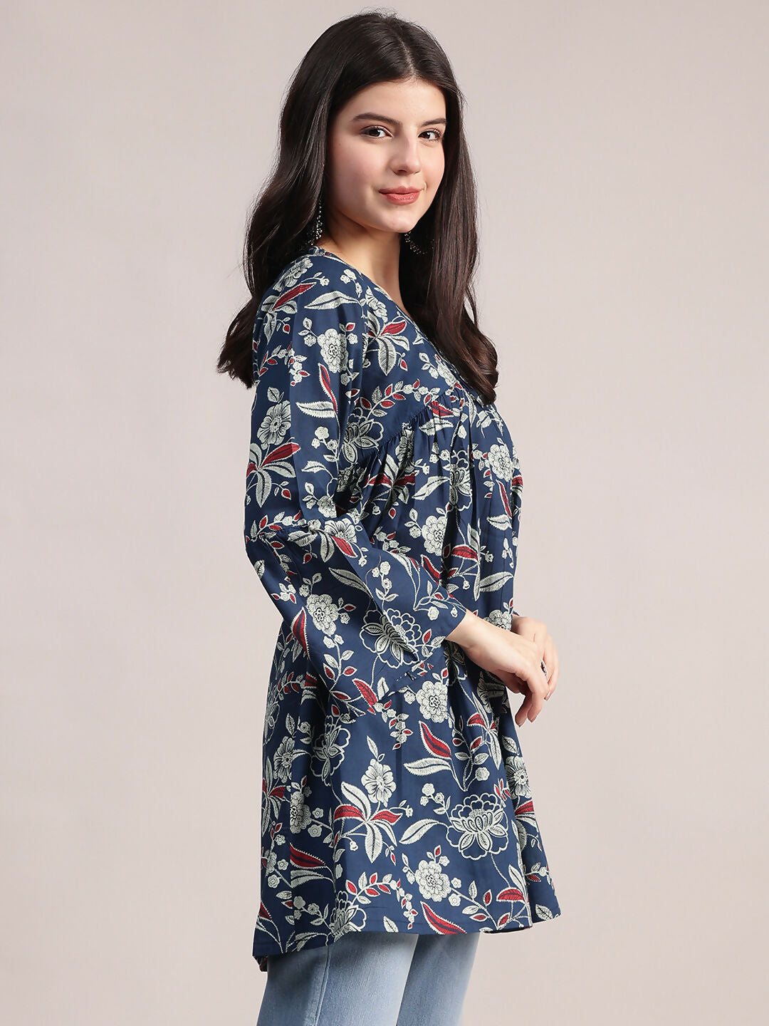 Aavyora Women's Navy Blue Cotton Tunic with Red and White Floral Print, Pin-Tuck Detailing, and Flared Sleeves | Grocsy
