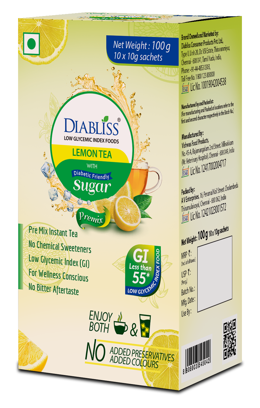 Diabliss Herbal Lemon Tea Sachets With Diabetic Friendly Sugar | Grocsy