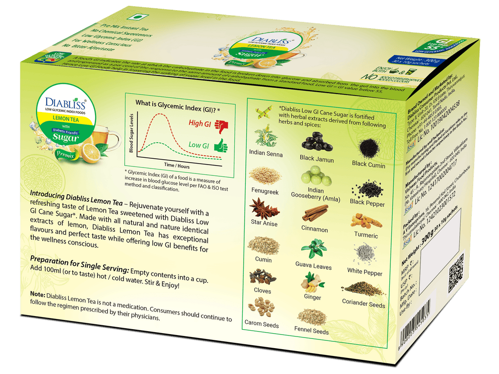 Diabliss Herbal Lemon Tea Sachets With Diabetic Friendly Sugar | Grocsy