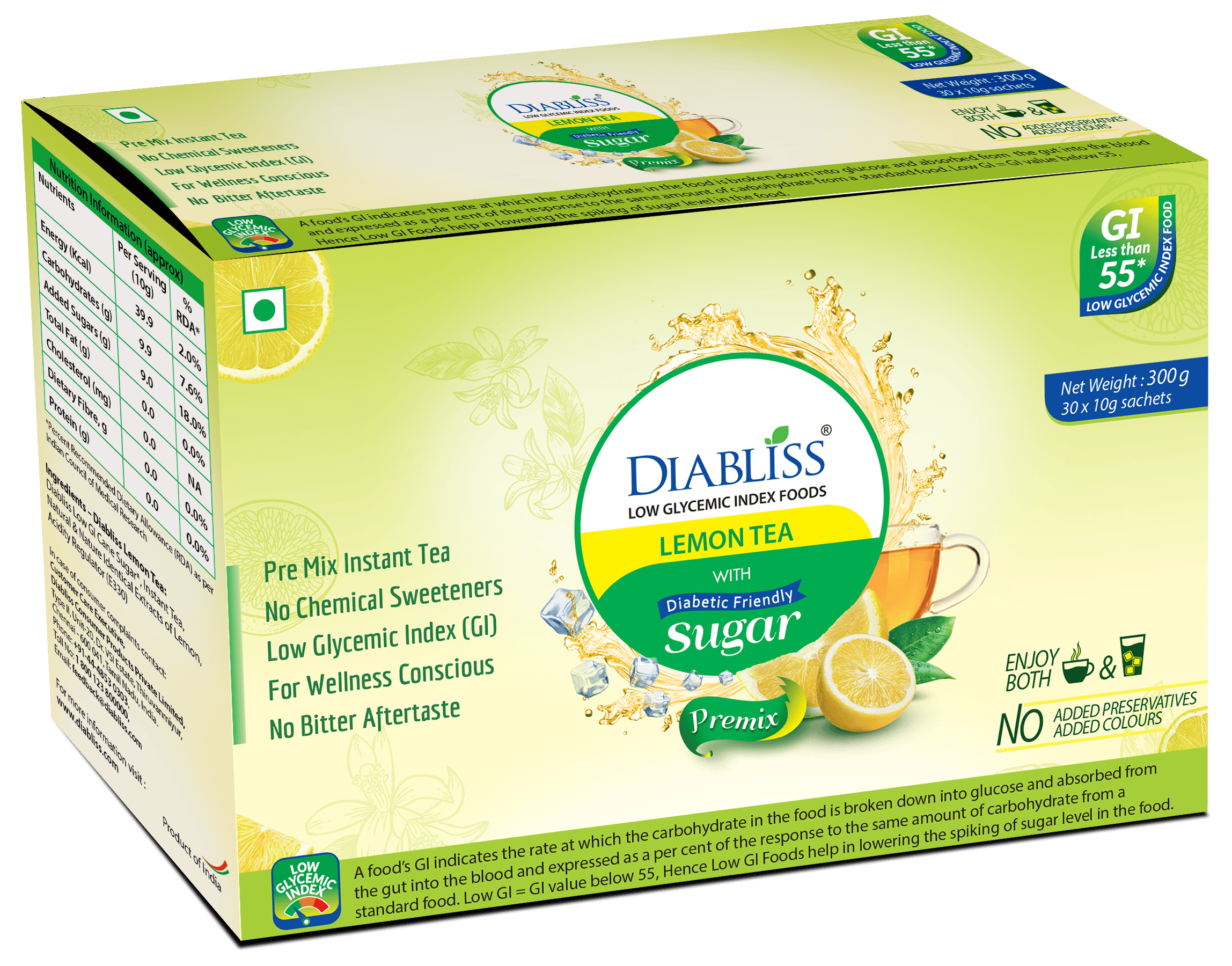 Diabliss Herbal Lemon Tea Sachets With Diabetic Friendly Sugar | Grocsy