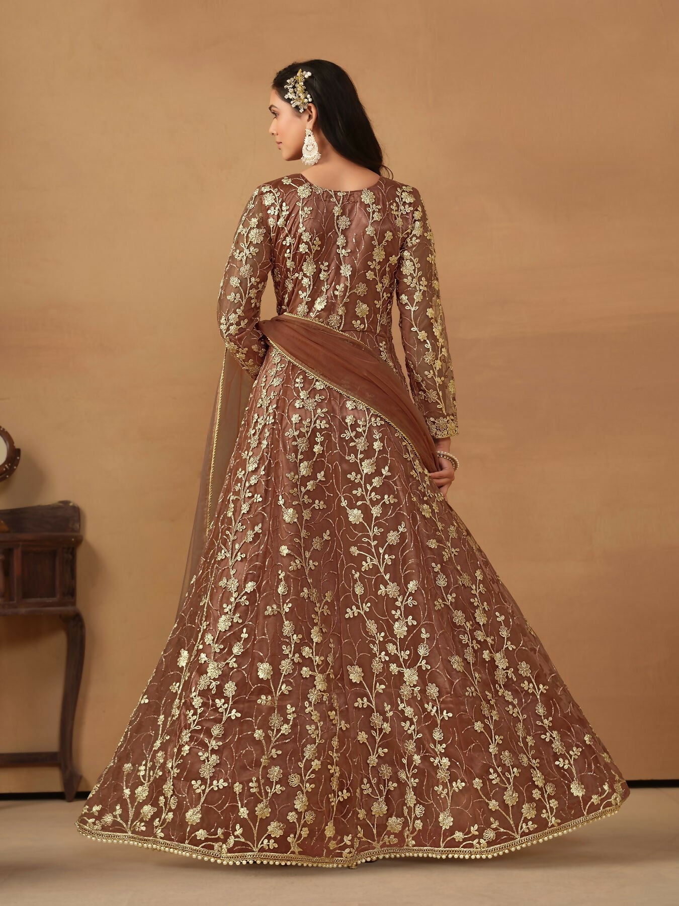 Anaita Brown Embroidered Net Anarkali Suit | Grocsy