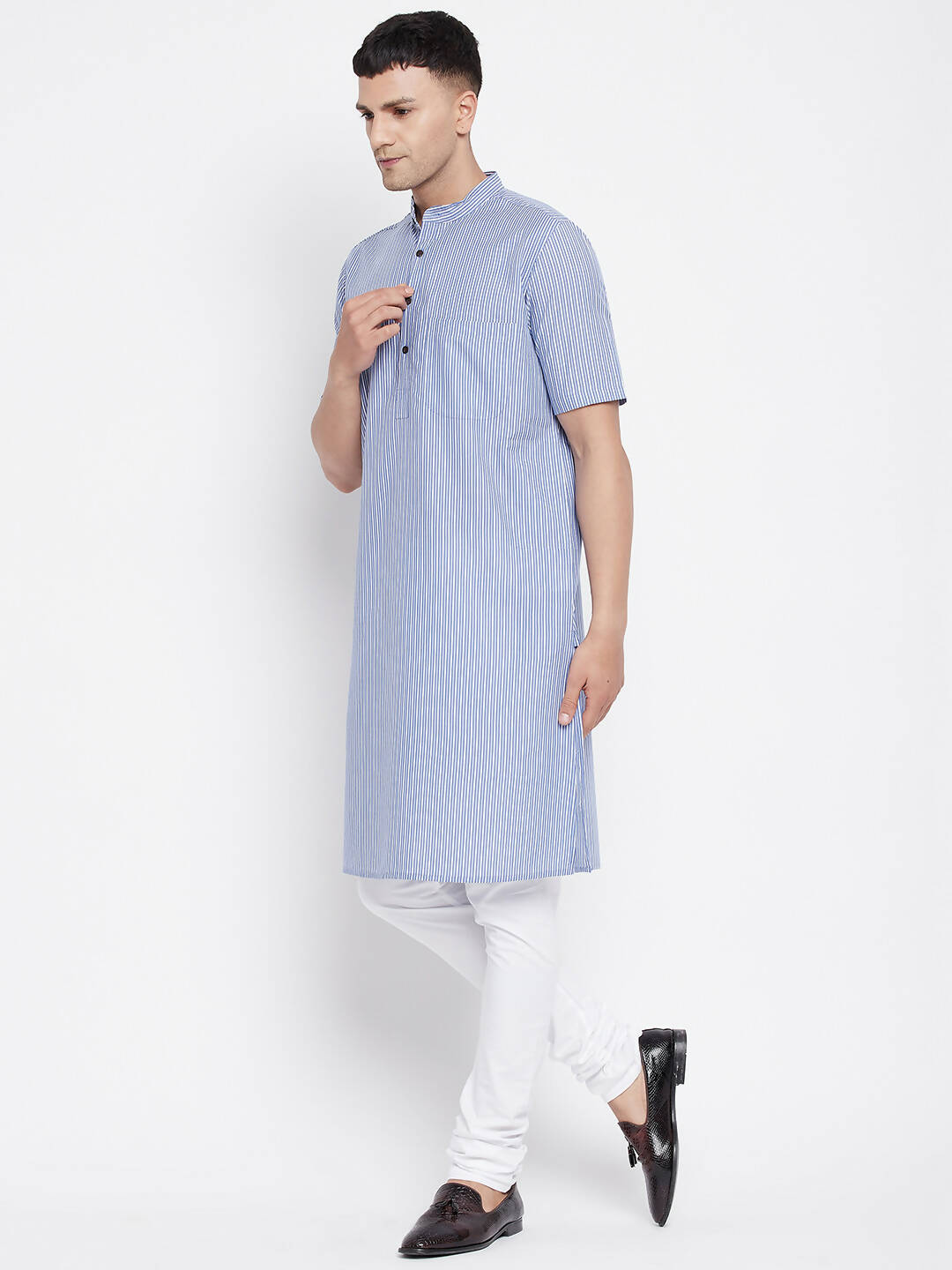 Even Apparels Blue Men's H/S Pure Cotton Kurta With Band Collar | Grocsy