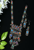 Mominos Fashion Johar Kamal Oxidised Silver-Plated Brass Finish Multi Kundan Afghani Long Necklace For Women | Grocsy
