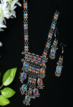 Mominos Fashion Johar Kamal Oxidised Silver-Plated Brass Finish Multi Kundan Afghani Long Necklace For Women | Grocsy