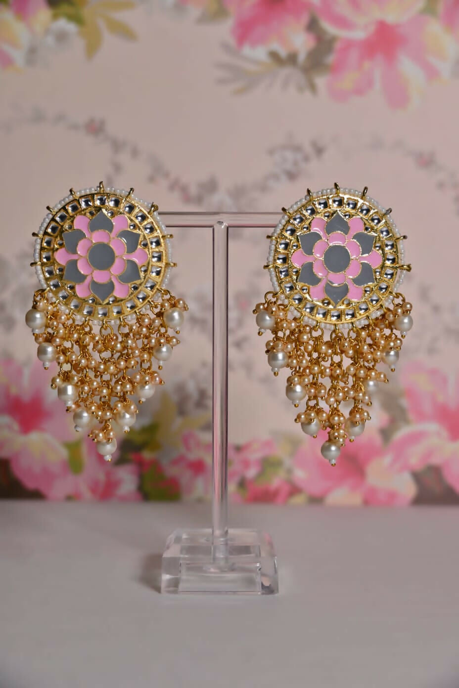 Pink & Grey Mandala Flower Hand Painted Bridal Earrings By House of Ree - Swadesiicart