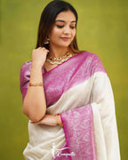 DEIANA'S Beautiful Designer Golden zari Soft Lichi Silk Saree - White | Grocsy