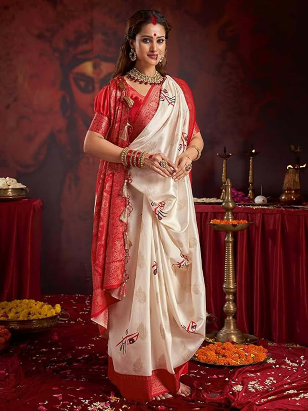 Joban Fashion Satin Silk Off White Floral Printed Saree | Grocsy