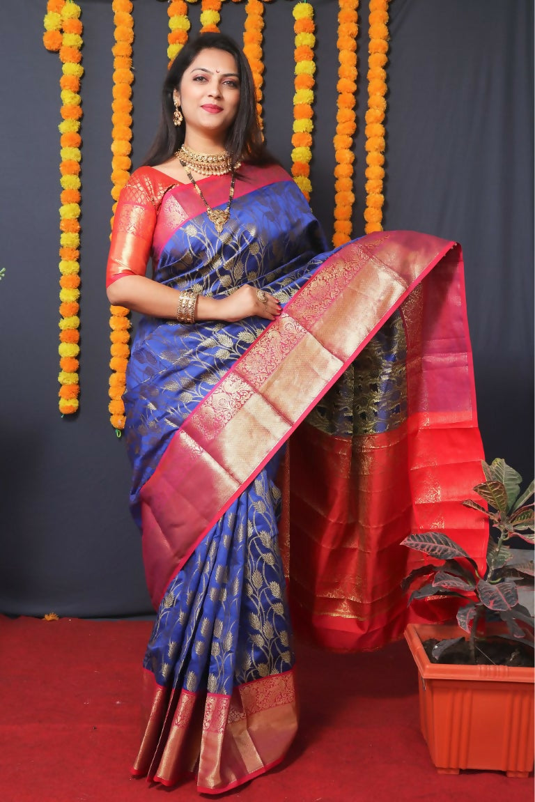 Jyoti Fashion Women's Blue Kanjivaram Silk Zari Woven Saree with Blouse | Grocsy