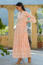 Juniper Women's Peach Cambric Floral Printed Maxi Tiered Dress | Grocsy