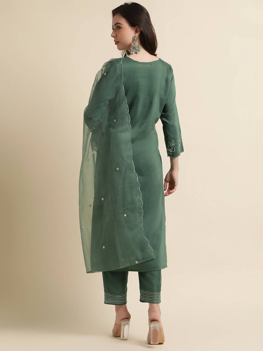 Green Chinon Silk Embroidered Straight Kurta with Trouser & Dupatta - Salimar | Grocsy
