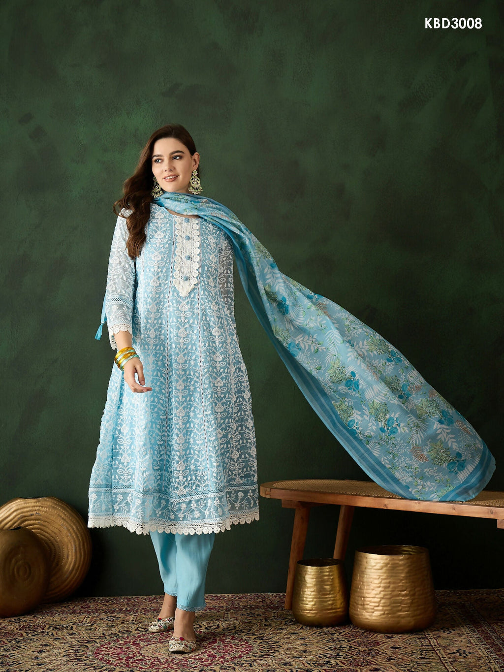 Blue Crystal Organza schiffli embroidery Kurta With Trouser & Dupatta - Bhumi | Grocsy