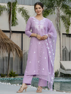 The52 Lavender Women's Beautiful Thread work Rayon Fabric with Straight Kurta, Pant and Dupatta Set | Grocsy