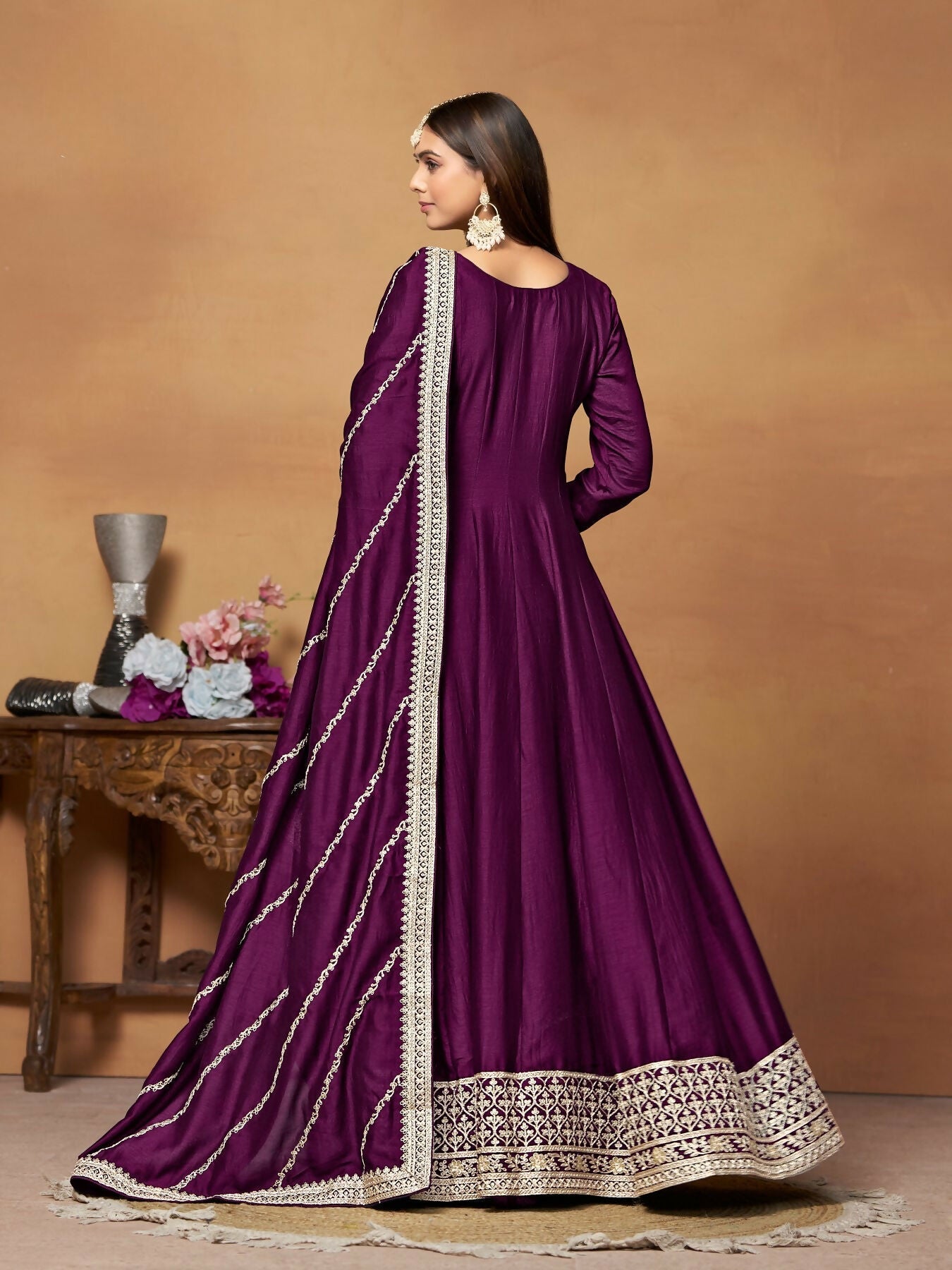 Anaita Wine Embroidered Art Silk Anarkali Suit | Grocsy