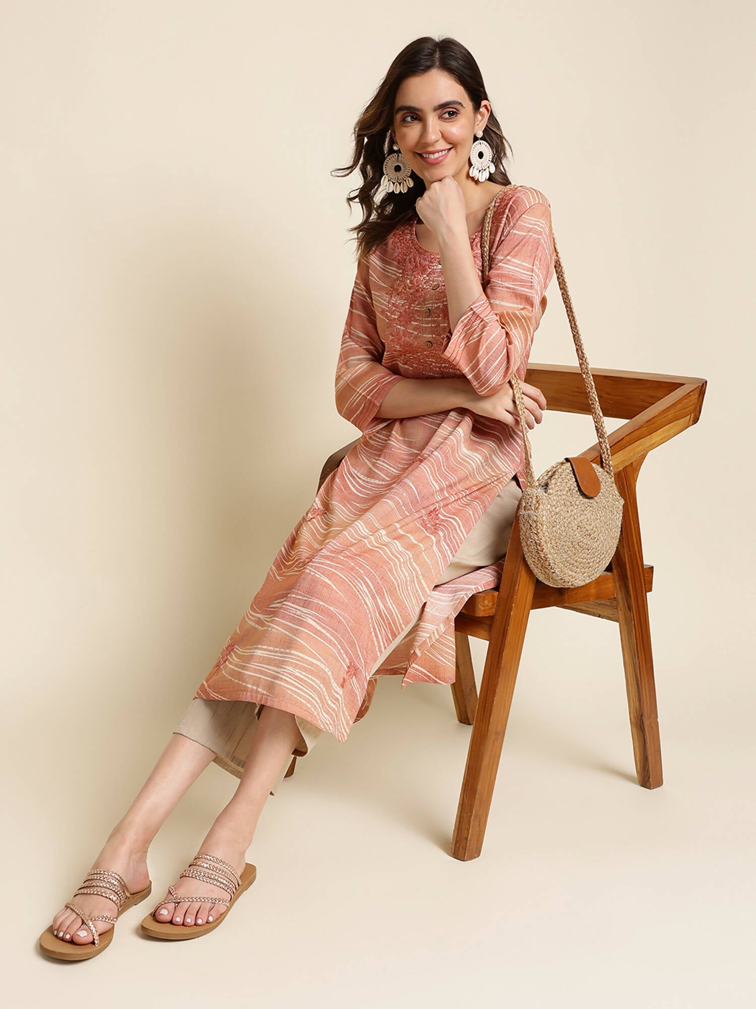 Peach Poly Rayon Stripe Printed Straight Fit Kurta - Prasuti | Grocsy