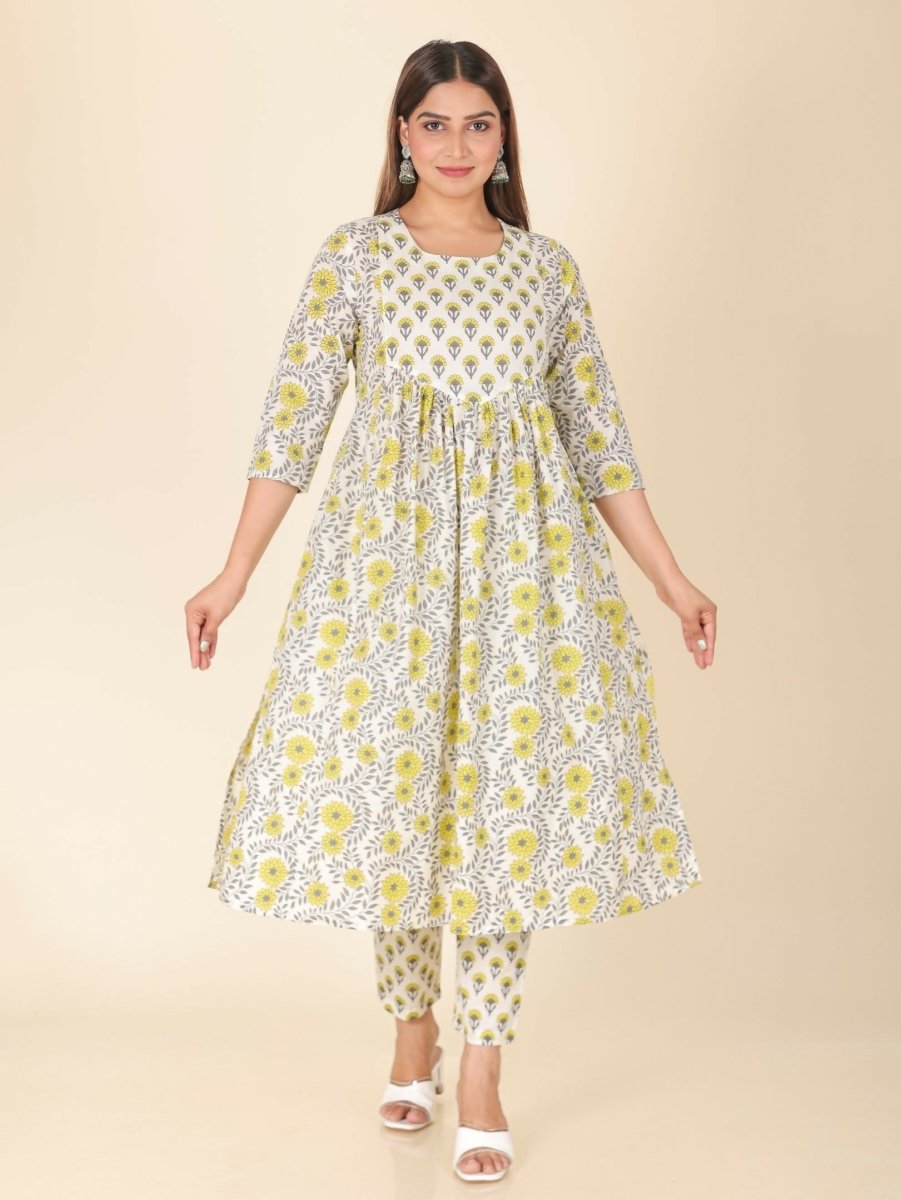 Aramya Yellow Soft Cotton Floral Print A-line Kurta Set for Women | Grocsy
