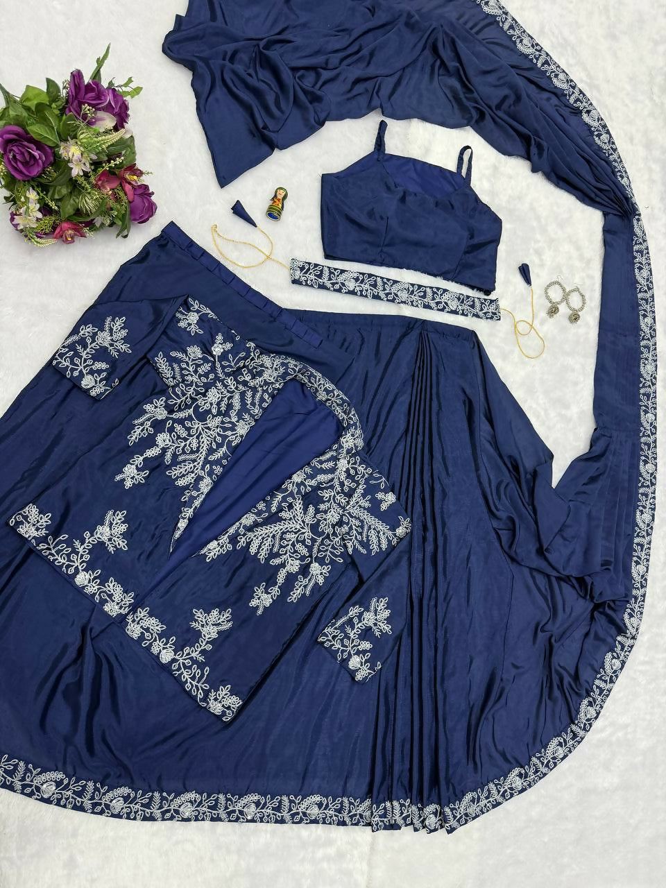 Teeya Creation Blue Color Chinon Silk Wedding Wear Ready To Wear Saree With Koti | Grocsy