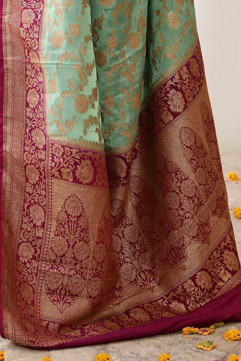 Joban Fashion Aqua Crepe Chiffon Pure Handloom Banarasi Silk Saree | Grocsy