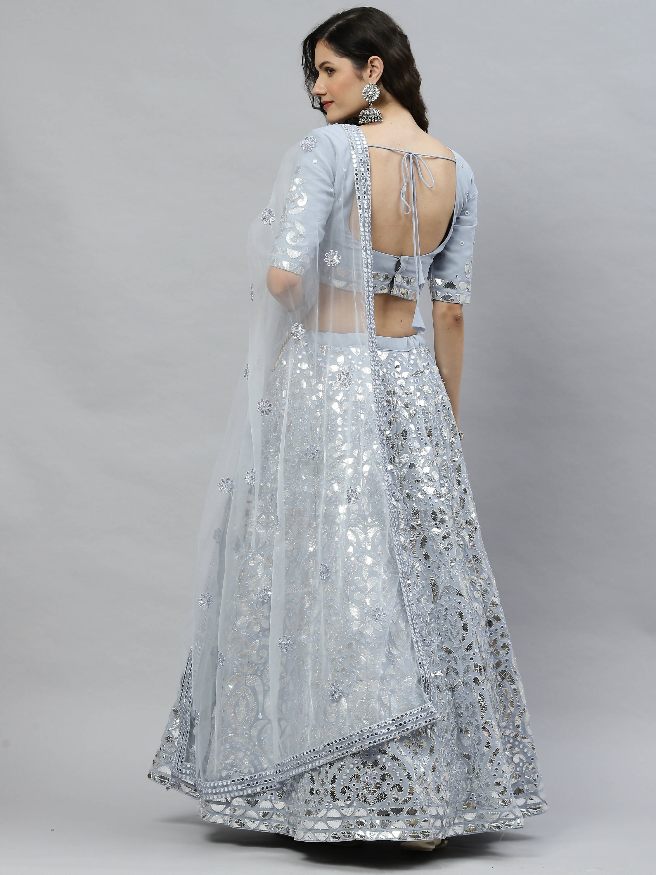Sky Blue Georgette Paper Mirror Embroidery Work Lehenga Choli with Dupatta - Jivika | Grocsy