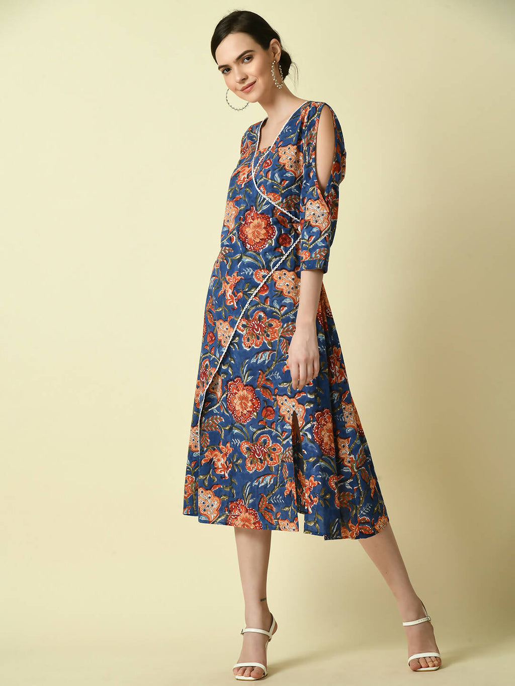 Myshka Women's Blue Floral Printed A-Line Dress | Grocsy