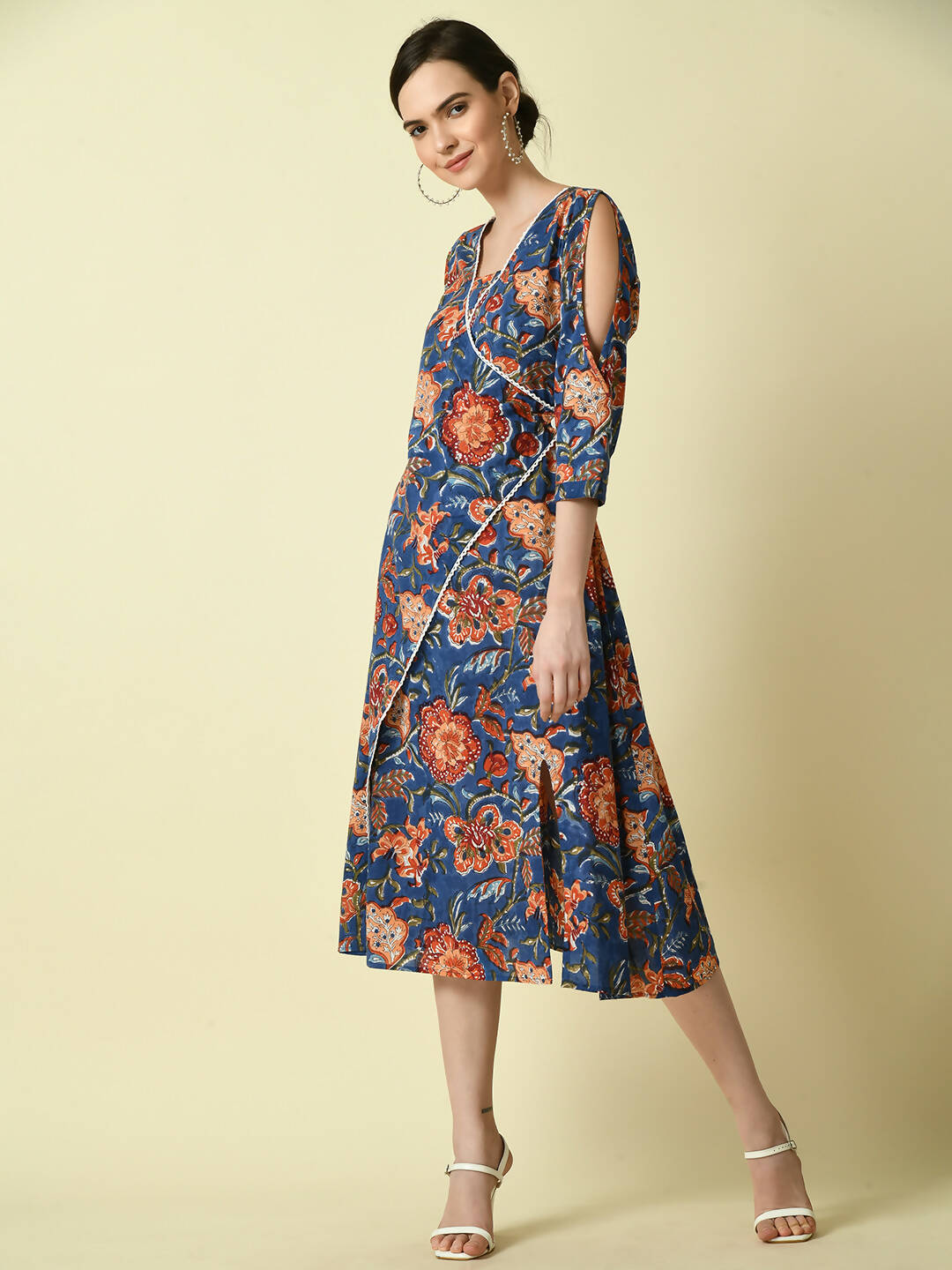 Myshka Women's Blue Floral Printed A-Line Dress | Grocsy