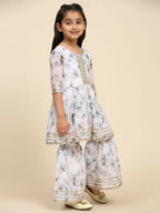 Alakhi Studio Girls Floral Georgette Printed Round-Neck Kurta With Sharara - White | Grocsy