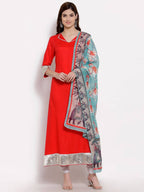Myshka Women's Red Cotton 3/4 Sleeve V Neck Solid Casual Anarkali Kurta Dupatta Set | Grocsy
