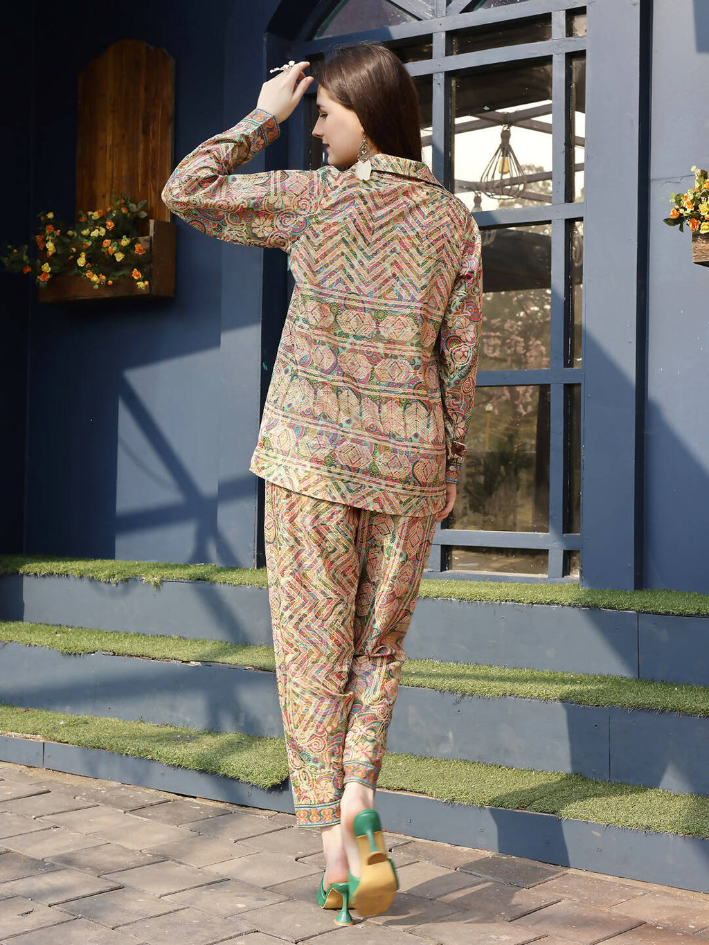 Orange & Green Rayon Paisley & Floral Printed Top with Matching Bottom - Eesha | Grocsy