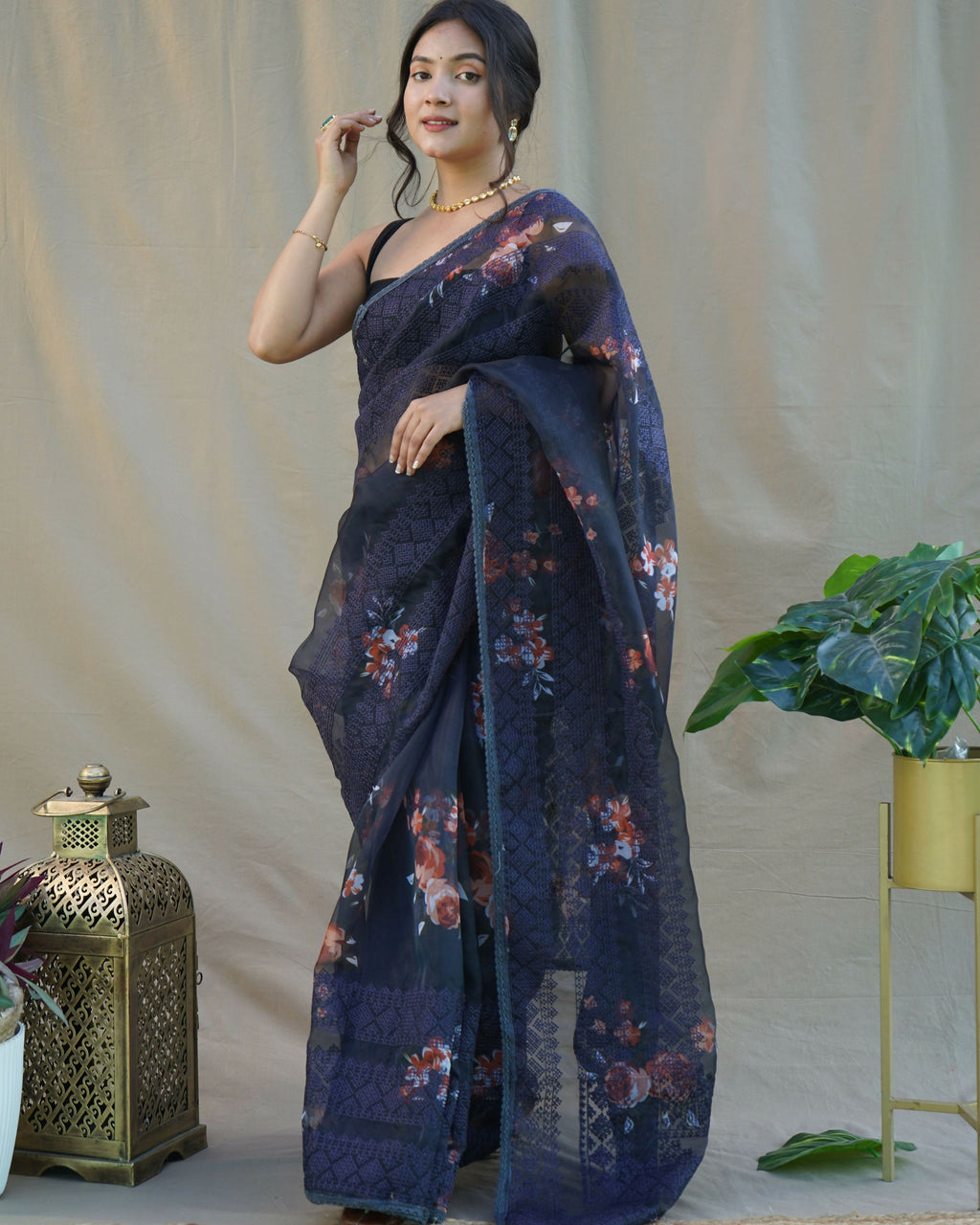 Vamsee Nitya Navy Blue Organza Saree | Grocsy