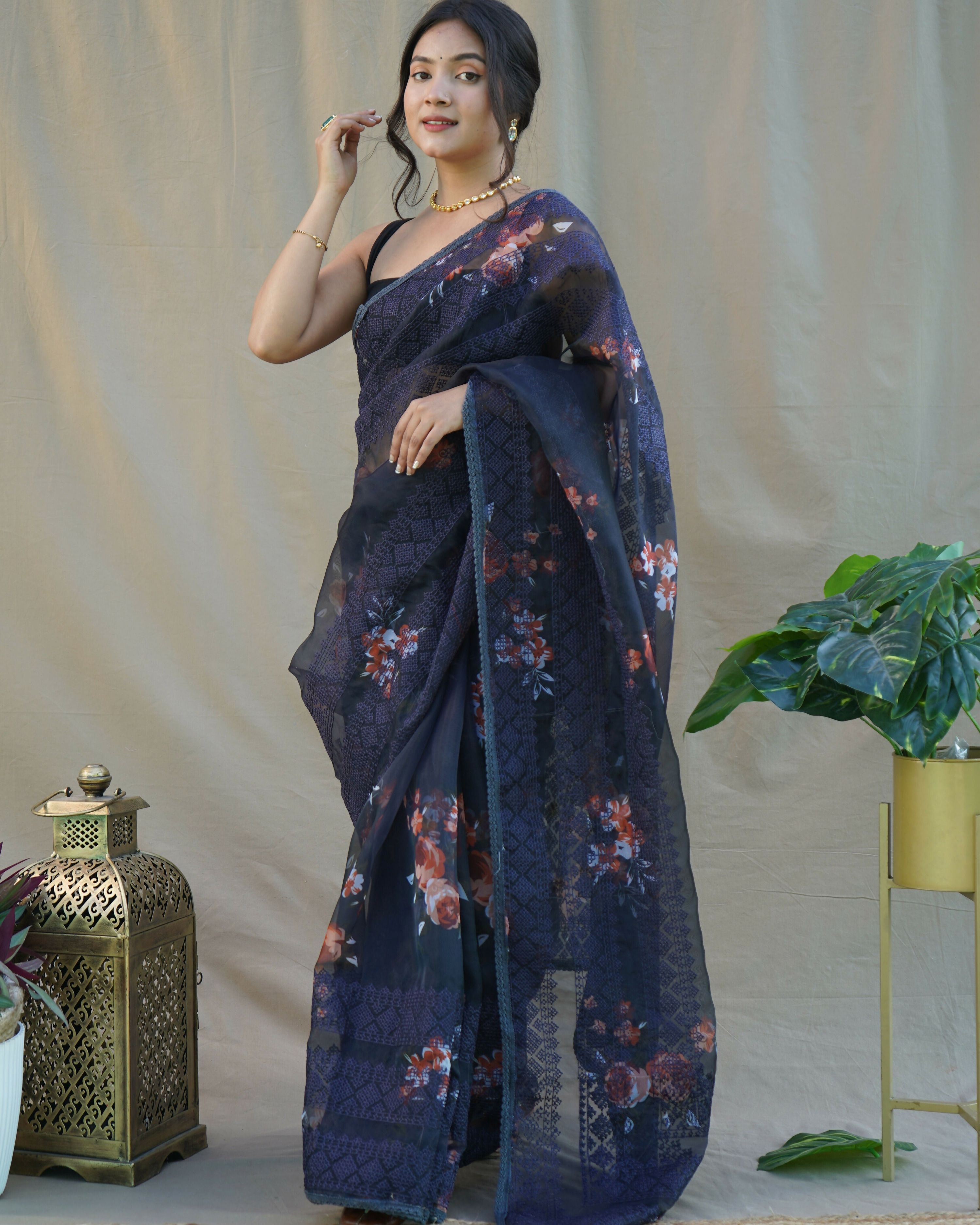 Vamsee Nitya Navy Blue Organza Saree | Grocsy