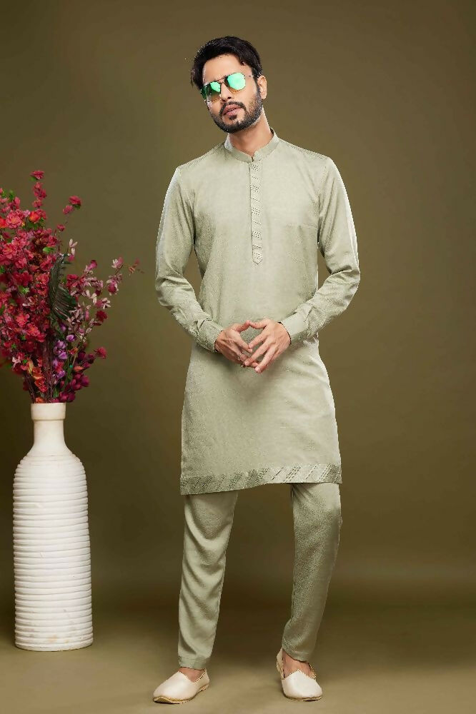 Raivat Ethnic Art Banarasi Silk Thread Work Kurta Pajama In Pista Green Colour | Grocsy