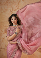 Pink Banarasi Crush Silk Thread, Sequence, Cord and jari Embroidered with Stone Work Saree - Mohmanthan Dakshika | Grocsy