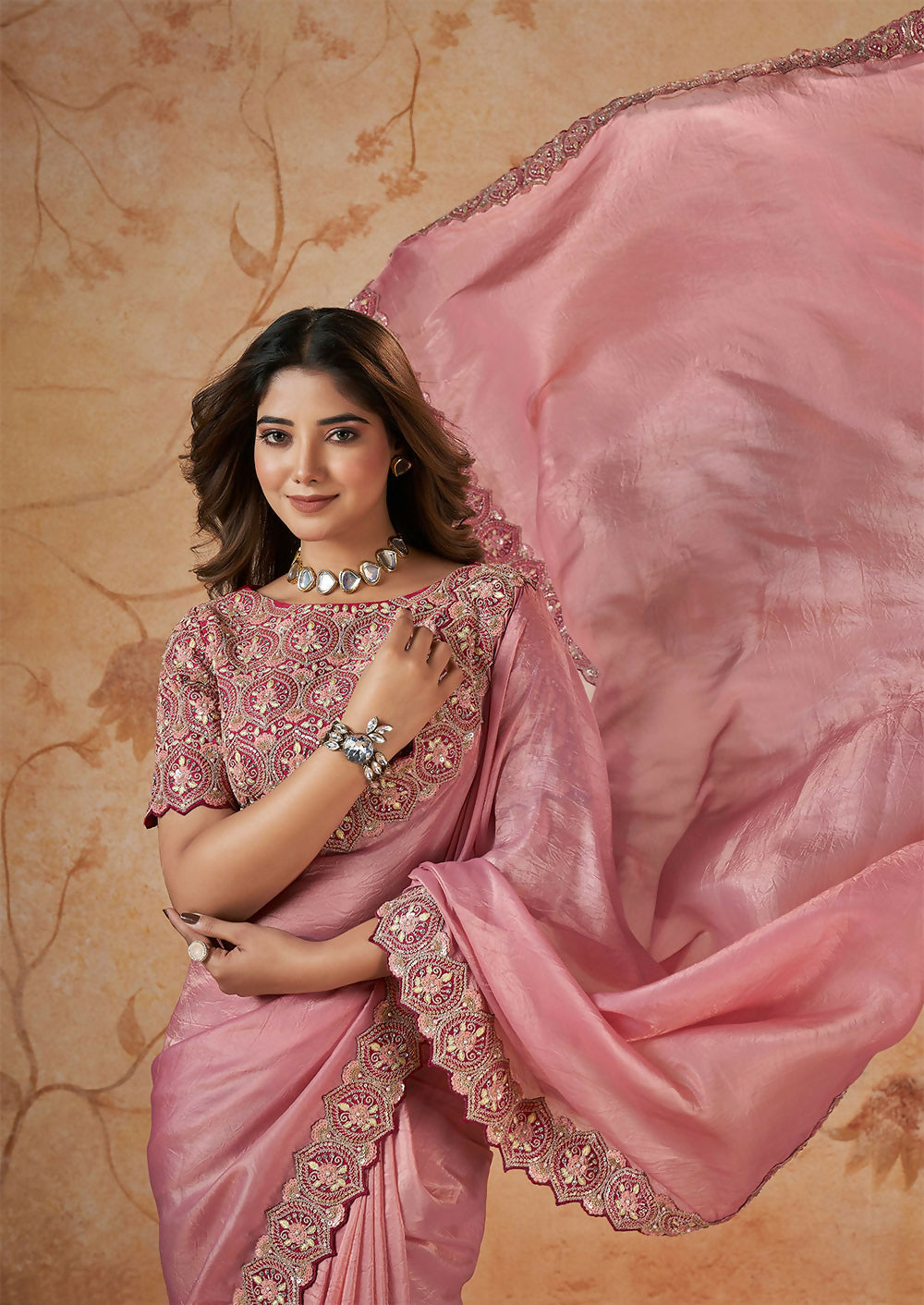 Pink Banarasi Crush Silk Thread, Sequence, Cord and jari Embroidered with Stone Work Saree - Mohmanthan Dakshika | Grocsy
