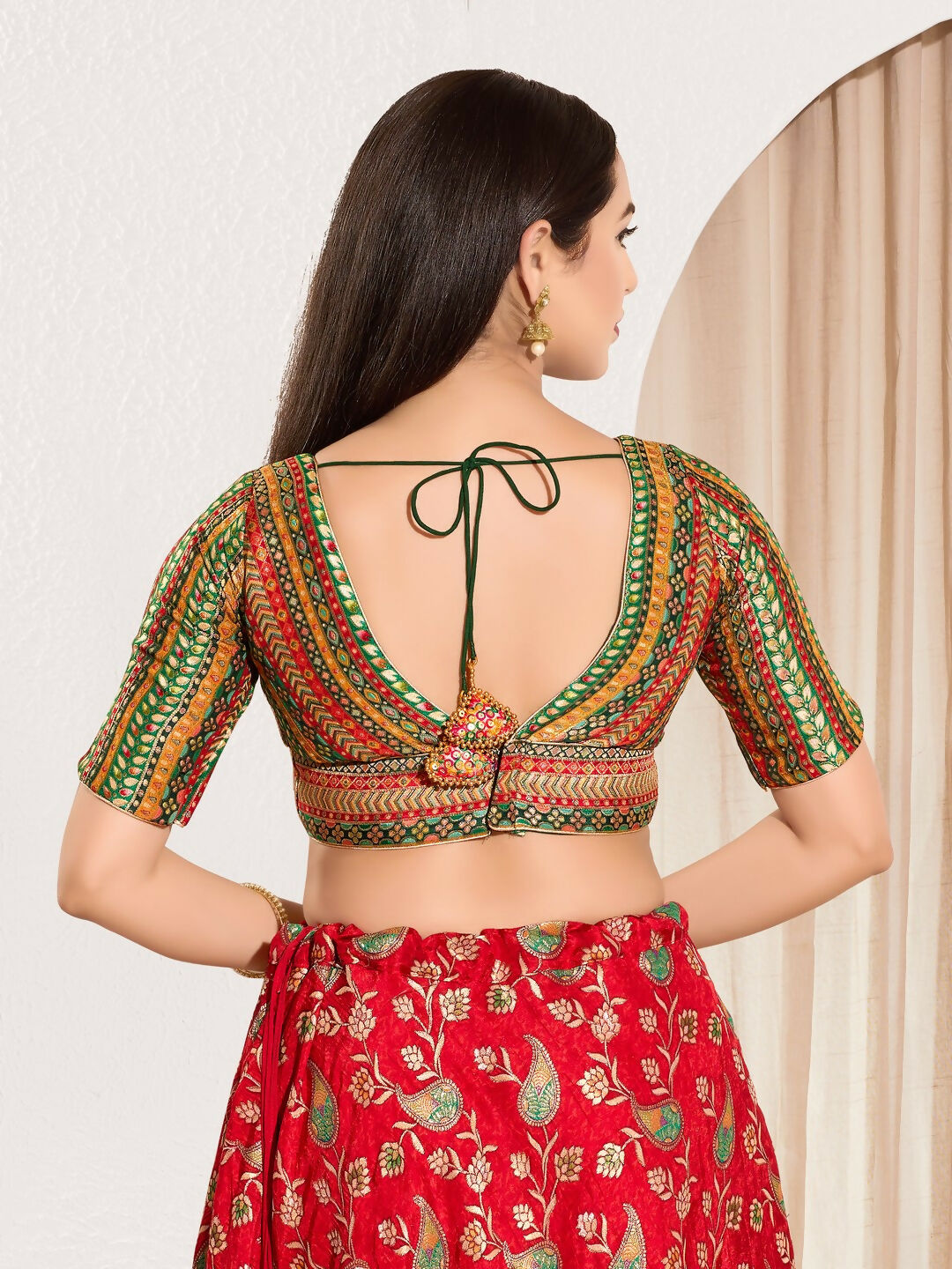 Joban Fashion Green Multi Brocade Padded Blouse With V Neck Elbow Sleeves | Grocsy